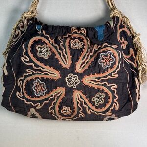 Boho Muted Color Linen Embroidered Gray, Rope Hobo Shoulder Women's Bag Purse